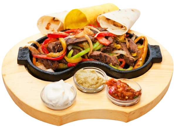 Sizzling Beef Fajitas with Tortillas and Dips PNG Transparent Background