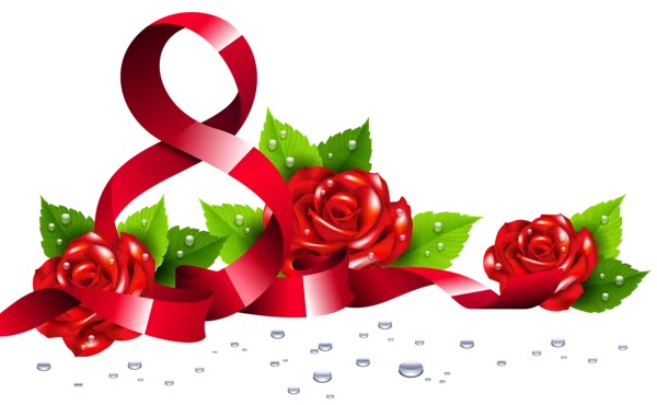 Red Roses and Ribbon with Water Droplets PNG