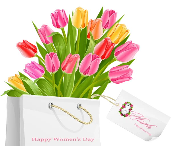 Happy Women's Day Tulip Bouquet in Gift Bag PNG Transparent