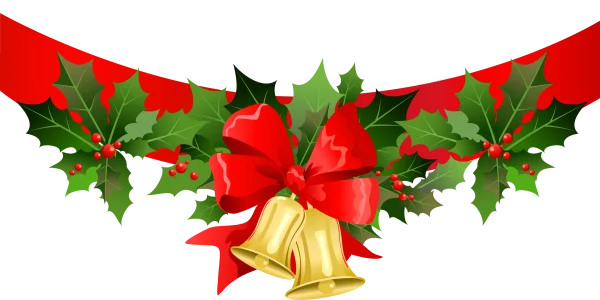 Christmas Holly with Red Bow and Golden Bells PNG Transparent Background