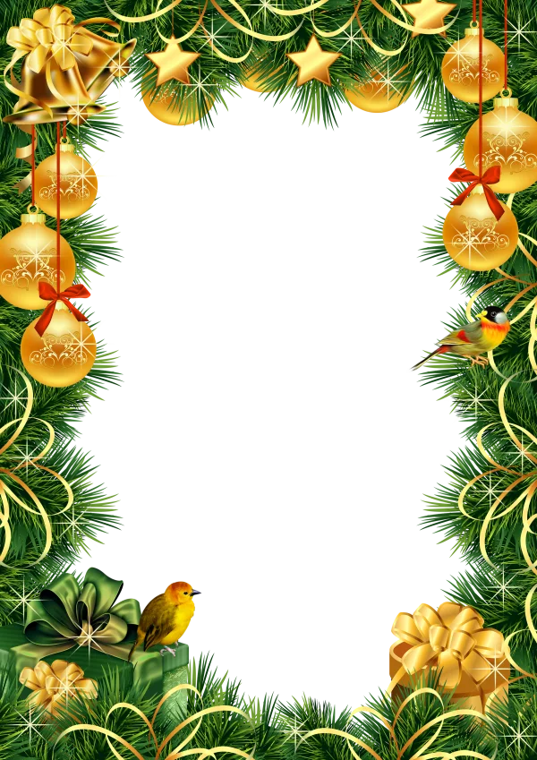 Christmas Frame with Ornaments and Birds PNG Transparent Background