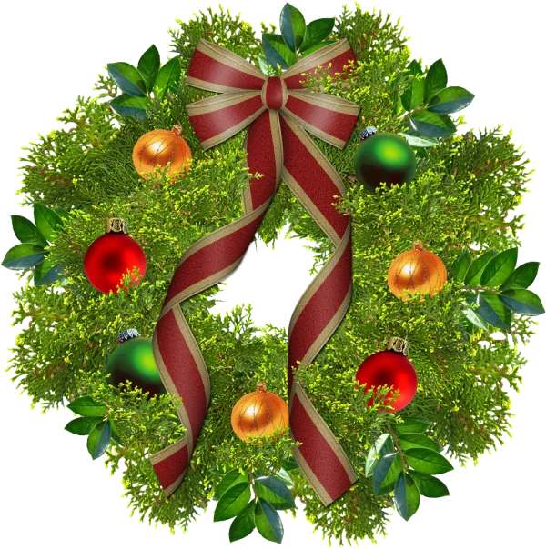 Christmas Wreath with Red Bow and Ornaments PNG
