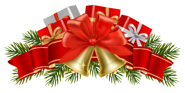 Festive Christmas Bells Gifts and Pine Branches PNG
