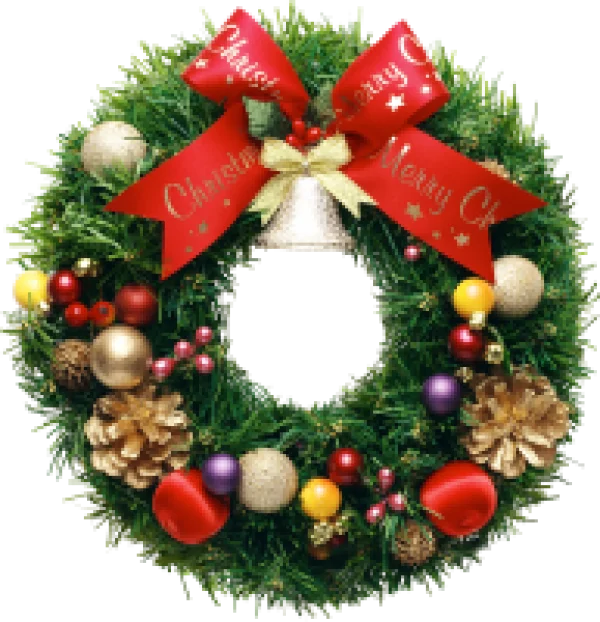 Christmas Wreath with Red Ribbon & Ornaments PNG