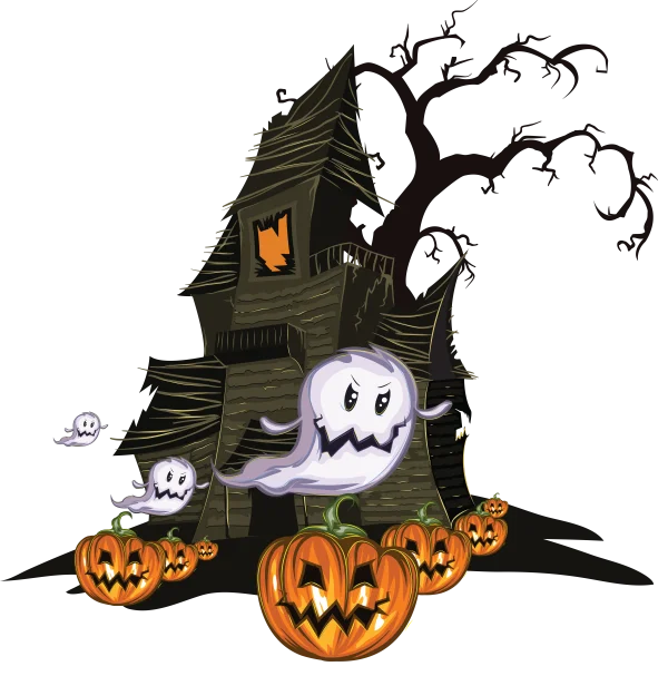 Haunted House Ghosts and Jack-o'-Lanterns PNG