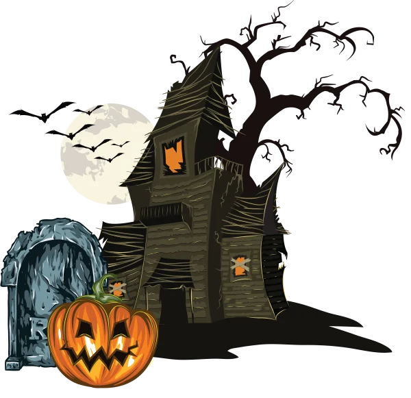 Haunted House Halloween Scene PNG