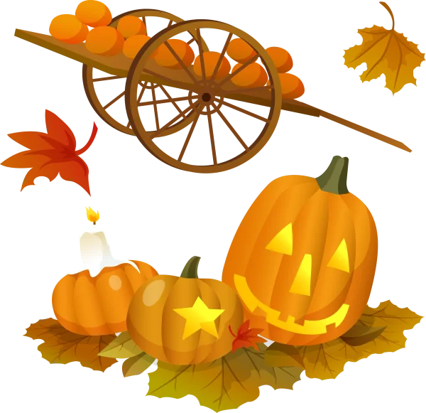 Halloween Pumpkins, Wagon, and Fall Leaves PNG Transparent