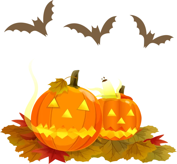 Glowing Halloween Jack-o'-Lanterns with Autumn Leaves PNG