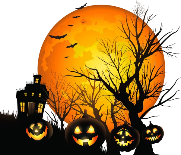 Halloween Night Scene with Moon and Jack-o-Lanterns PNG