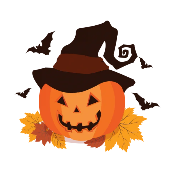 Halloween Pumpkin with Witch Hat and Bats PNG