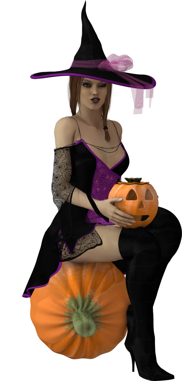 Stylish Witch with Pumpkin and Jack-o'-lantern PNG Transparent