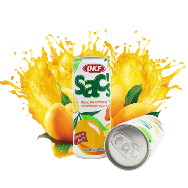 OKF Sac Sac's Mango Drink Cans and Splash PNG