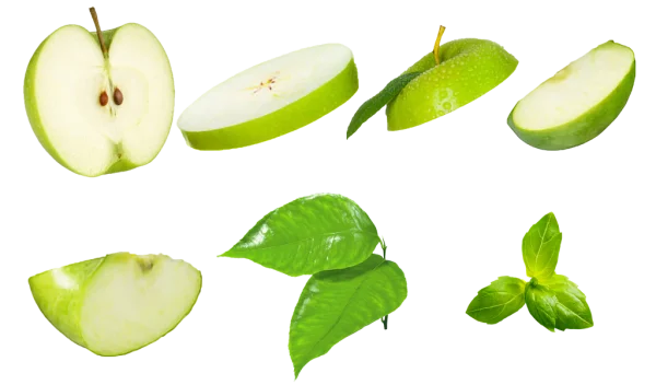 Fresh Green Apple Slices, Leaves, and Basil PNG