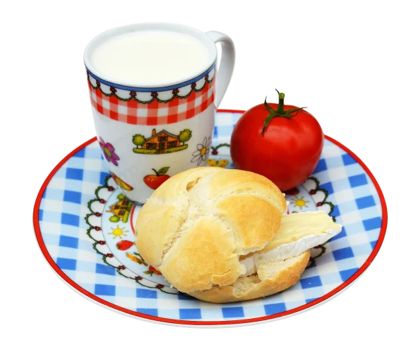Rustic Breakfast Plate with Milk and Cheese Roll PNG