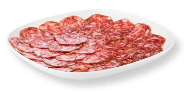 Salami Slices on White Plate PNG Transparent Background