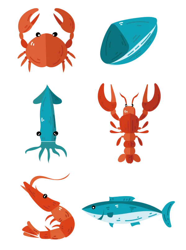 Flat Design Seafood Collection PNG Transparent Background