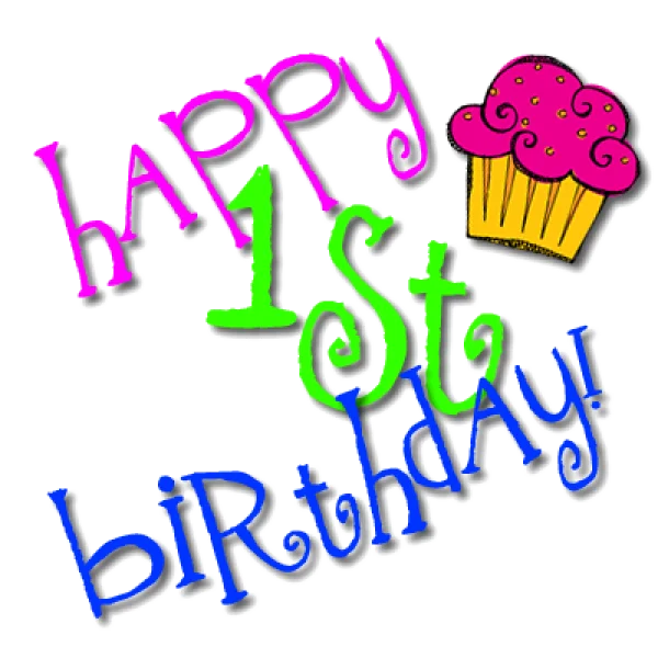 Colorful Happy 1st Birthday Text with Cupcake PNG