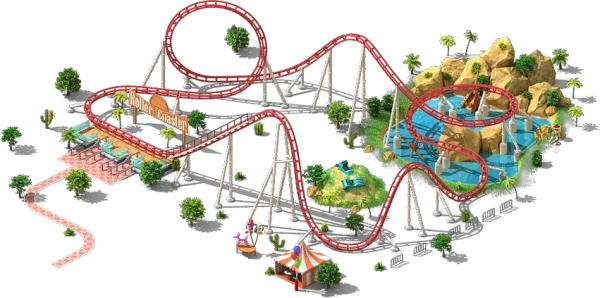 Isometric Amusement Park Scene with Roller Coaster PNG