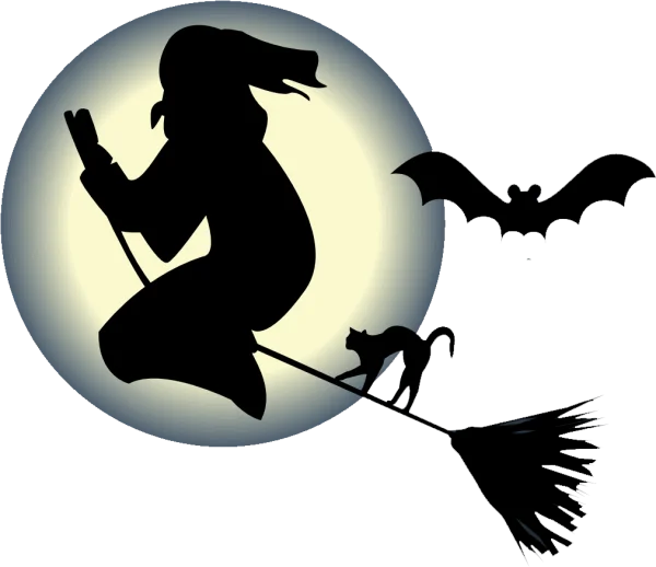 Halloween Witch Flying on Broomstick with Cat PNG