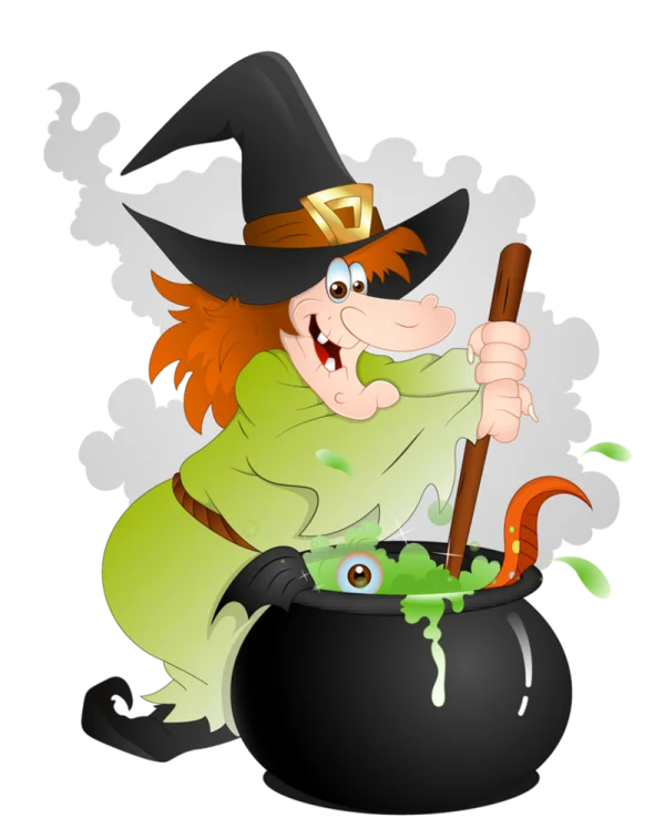 Cartoon Witch Stirring Cauldron PNG Transparent Background