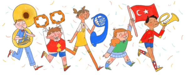 Children's Parade with Musical Instruments and Turkish Flag PNG