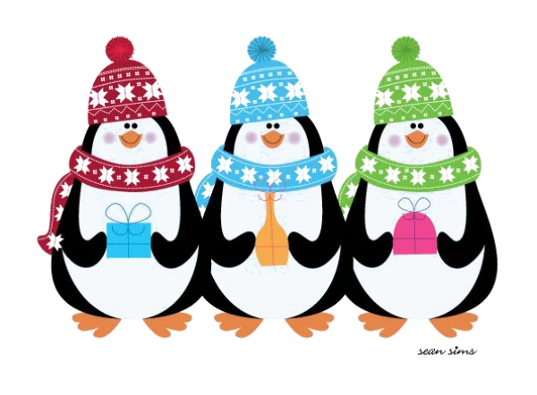 Three Winter Penguins with Gifts PNG