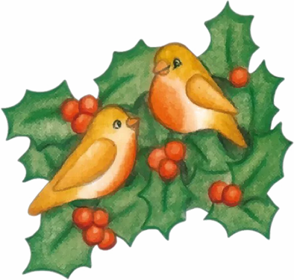 Cute Watercolor Robins on Holly with Berries PNG