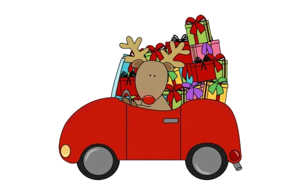 Cute Reindeer Driving Car with Christmas Gifts PNG
