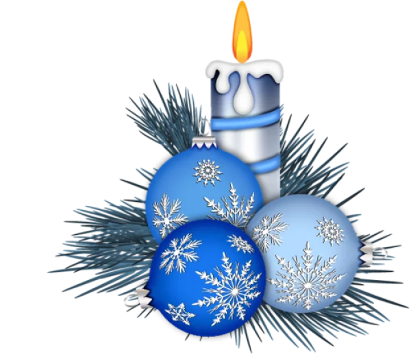 Winter Candle and Blue Snowflake Ornaments PNG