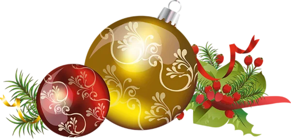 Christmas Ornaments with Holly and Ribbons PNG