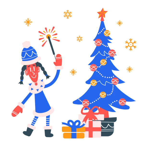 Festive Elf with Sparkler and Christmas Tree PNG