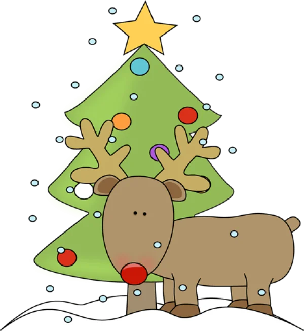Cartoon Reindeer with Christmas Tree and Snow PNG