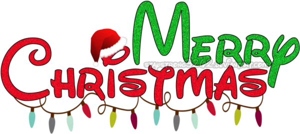 Glitter Merry Christmas Text with Santa Hat and Lights PNG