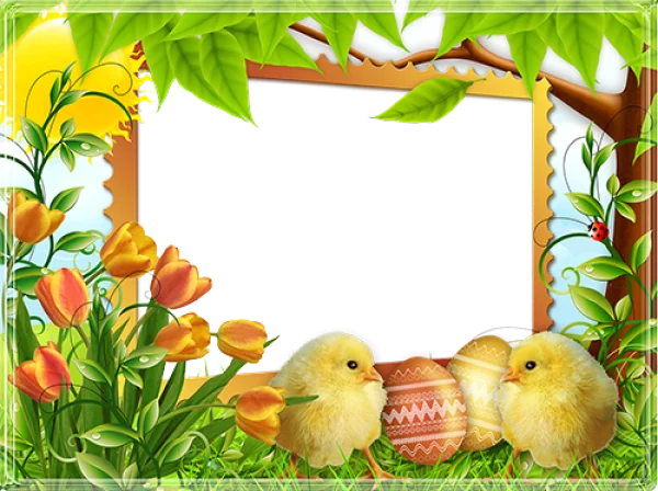 Spring Easter Photo Frame with Chicks and Tulips PNG