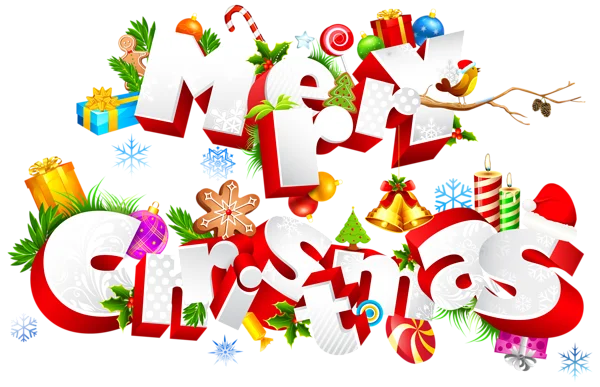 Merry Christmas 3D Text with Festive Decorations PNG