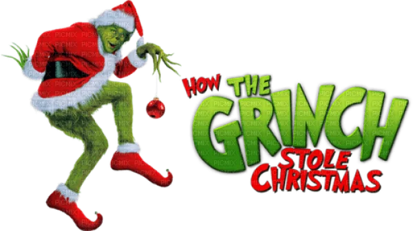 The Grinch with Christmas Ornament and Movie Title PNG