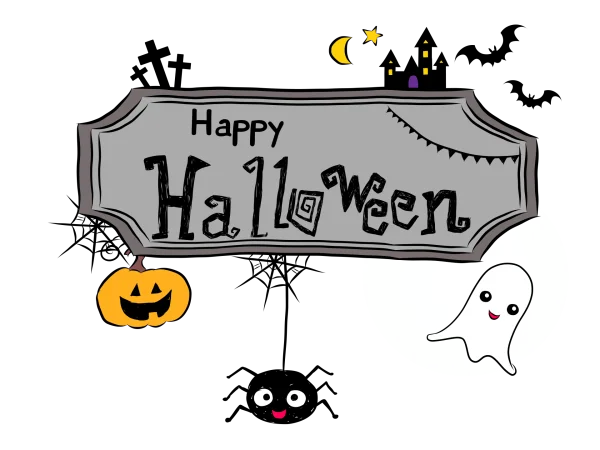 Happy Halloween Sign with Ghost and Pumpkin PNG