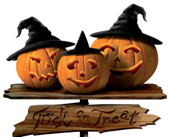 Halloween Pumpkins with Witch Hats & Trick or Treat Sign PNG