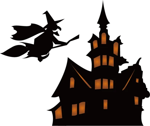 Halloween Witch and Haunted House Silhouette PNG