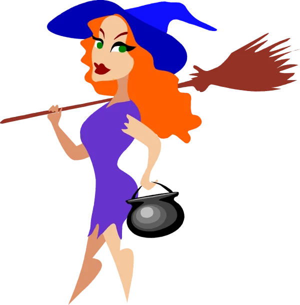Cartoon Witch with Broom and Cauldron PNG