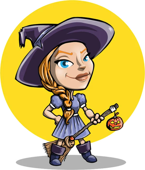 Cartoon Witch with Jack-o'-Lantern on Broom PNG