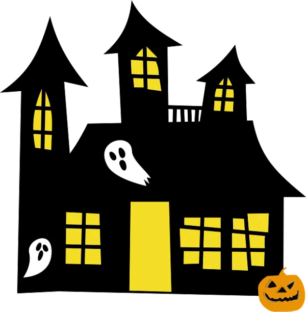 Cartoon Haunted House with Ghosts and Pumpkin PNG