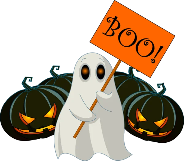 Cute Ghost with BOO! Sign and Jack-o'-Lanterns PNG