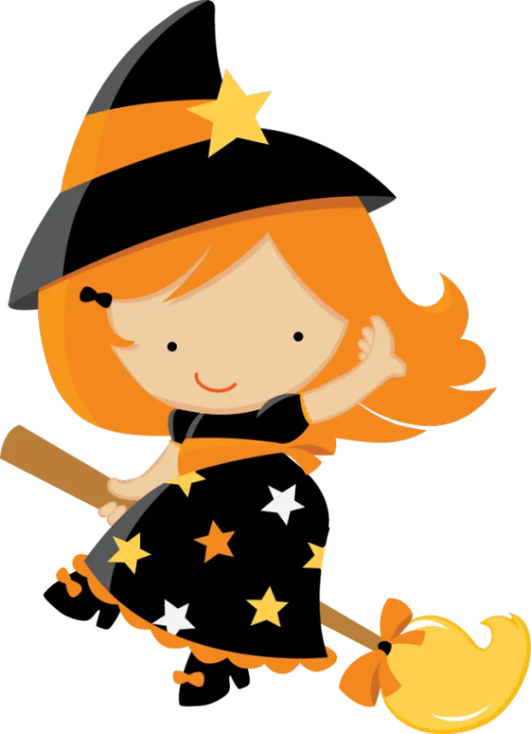 Cute Little Witch Flying on Broom PNG
