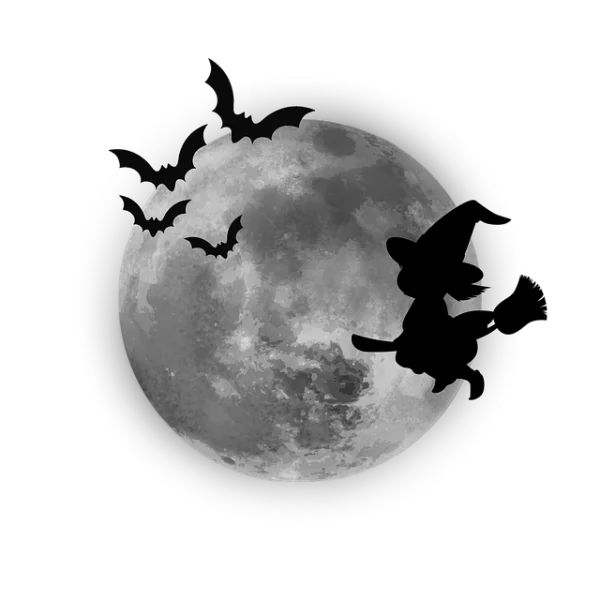 Halloween Witch Flying on Broom with Moon and Bats Transparent PNG