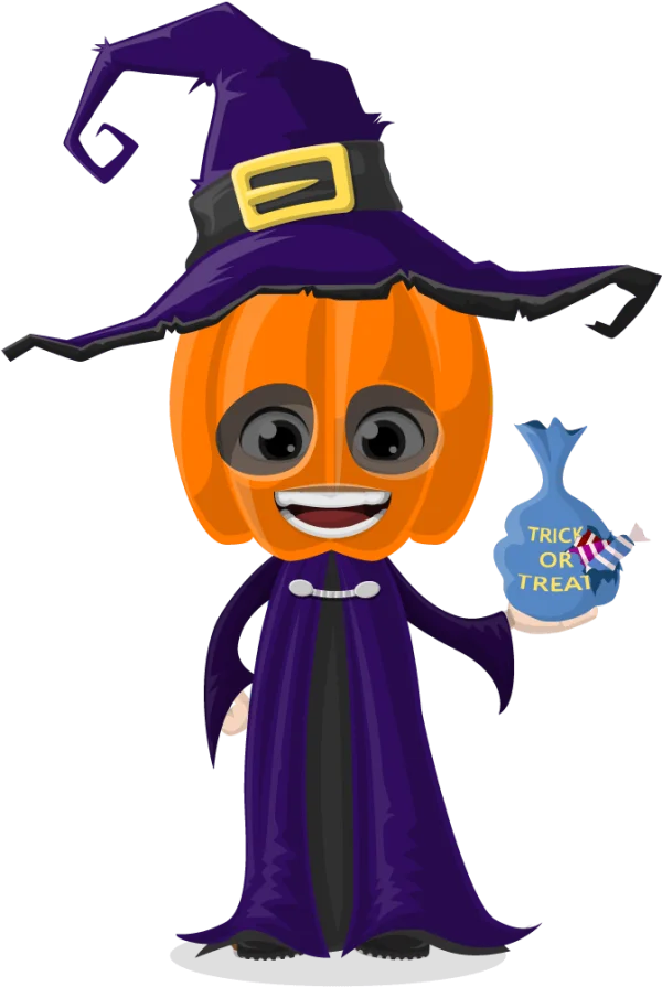 Cute Pumpkin Head Witch Holding Trick or Treat Bag PNG