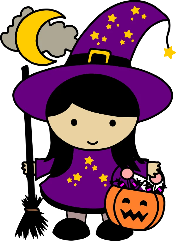 Cute Cartoon Witch with Jack-o'-Lantern PNG