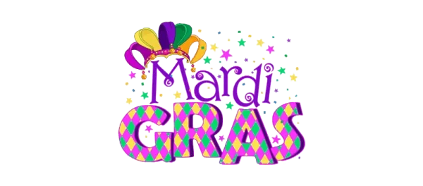 Colorful Mardi Gras Text with Jester Hat PNG