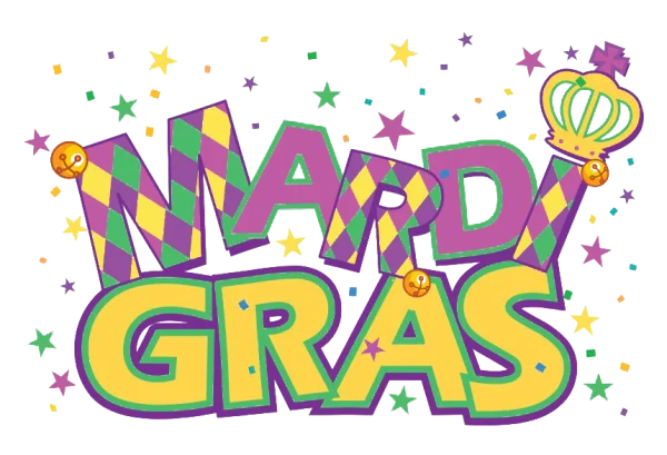 Mardi Gras Text Design PNG with Confetti and Crown