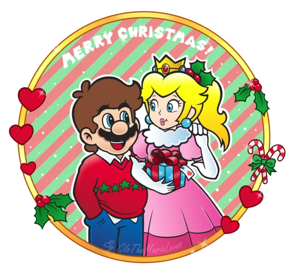 Merry Christmas Mario and Peach PNG Transparent Background